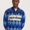Harlequin Zip Pullover | Knitted Cotton | Blue -Urban Wear Shop PERCIVAL MENSWEAR HARLEQUIN ZIP PULLOVER BLUE 1