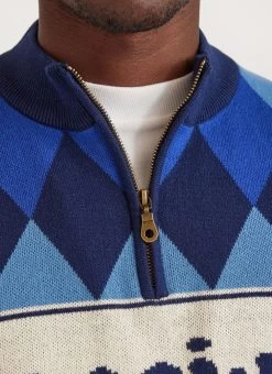 Harlequin Zip Pullover | Knitted Cotton | Blue -Urban Wear Shop PERCIVAL MENSWEAR HARLEQUIN ZIP PULLOVER BLUE 2