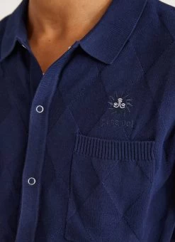 Intarsia Diamond Shirt | Knitted Cotton | Navy 14 Intarsia Diamond Shirt | Knitted Cotton | Navy -Urban Wear Shop PERCIVAL MENSWEAR INTARSIA DIAMOND SHIRT NAVY 3