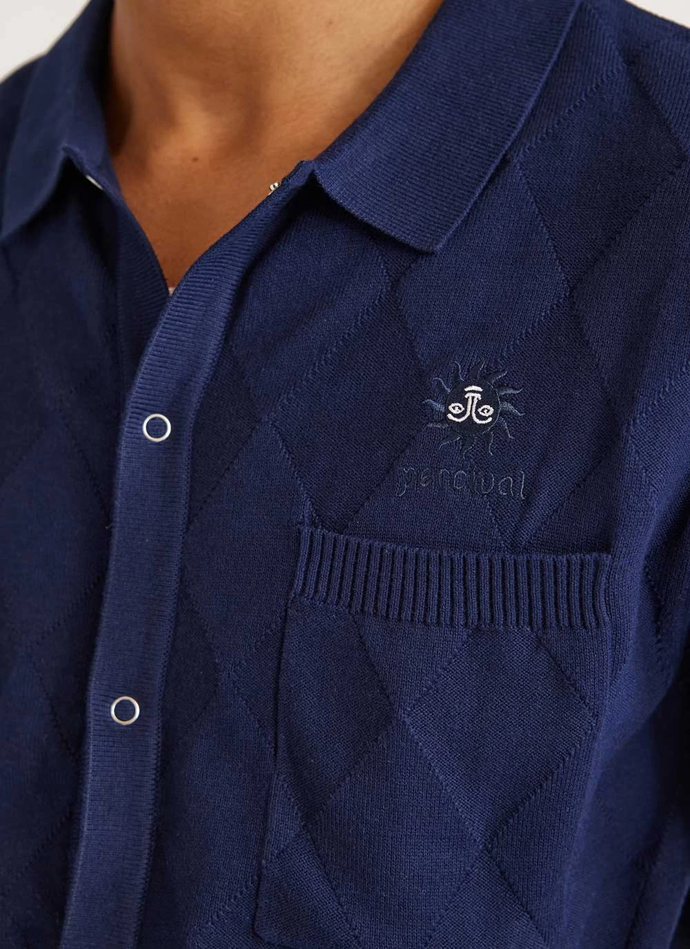 Intarsia Diamond Shirt | Knitted Cotton | Navy 5 Intarsia Diamond Shirt | Knitted Cotton | Navy - Image 3