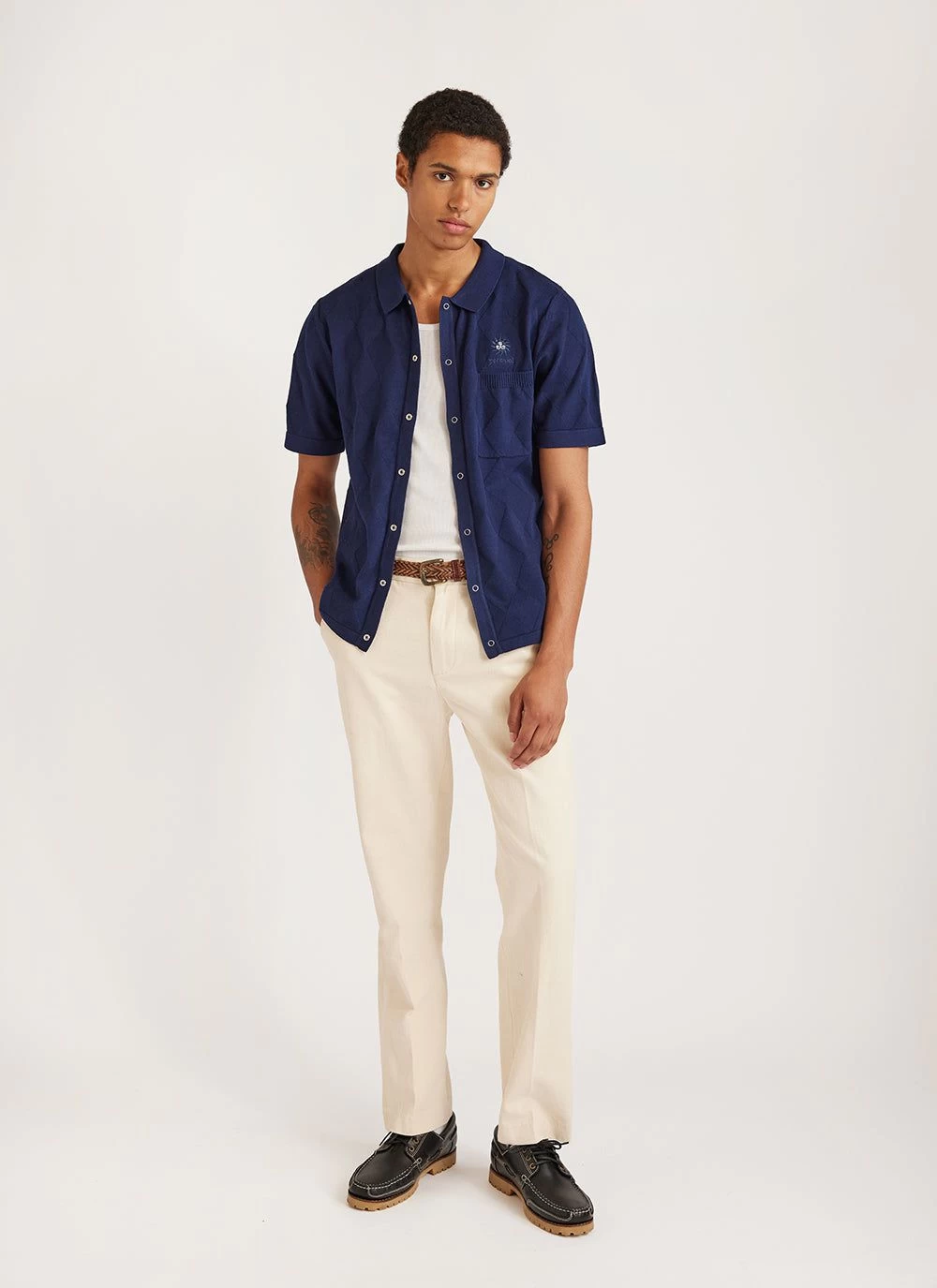 Intarsia Diamond Shirt | Knitted Cotton | Navy 4 Intarsia Diamond Shirt | Knitted Cotton | Navy - Image 2