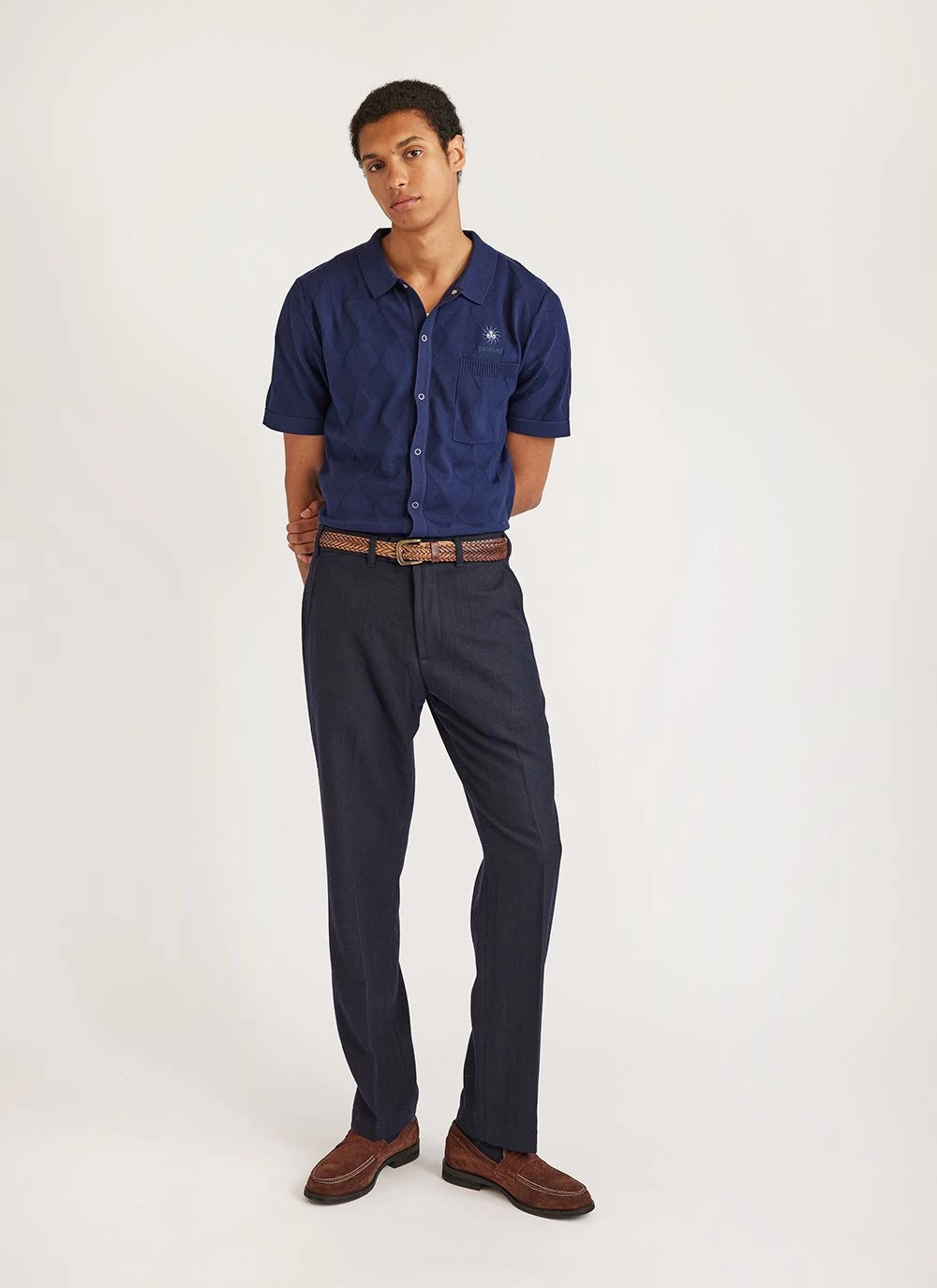 Intarsia Diamond Shirt | Knitted Cotton | Navy 10 Intarsia Diamond Shirt | Knitted Cotton | Navy - Image 8