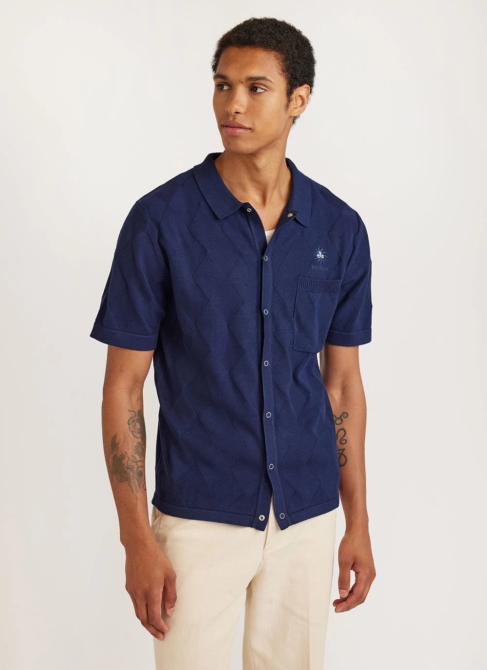 Intarsia Diamond Shirt | Knitted Cotton | Navy 9 Intarsia Diamond Shirt | Knitted Cotton | Navy - Image 7