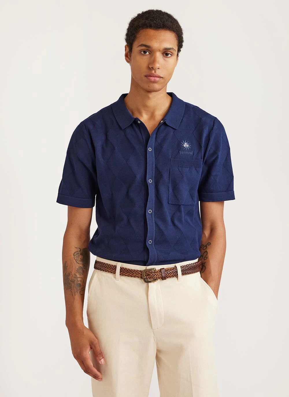 Intarsia Diamond Shirt | Knitted Cotton | Navy 3 Intarsia Diamond Shirt | Knitted Cotton | Navy