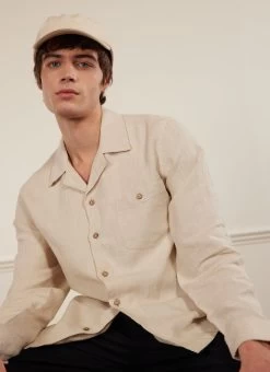 Long Sleeve Cuban Linen Shirt | Stone -Urban Wear Shop PERCIVAL MENSWEAR LONGSLEEVE CUBAN NATURAL3