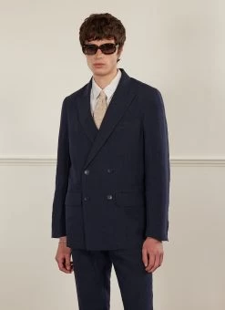 Tailored Double Breasted Blazer | Linen | Navy